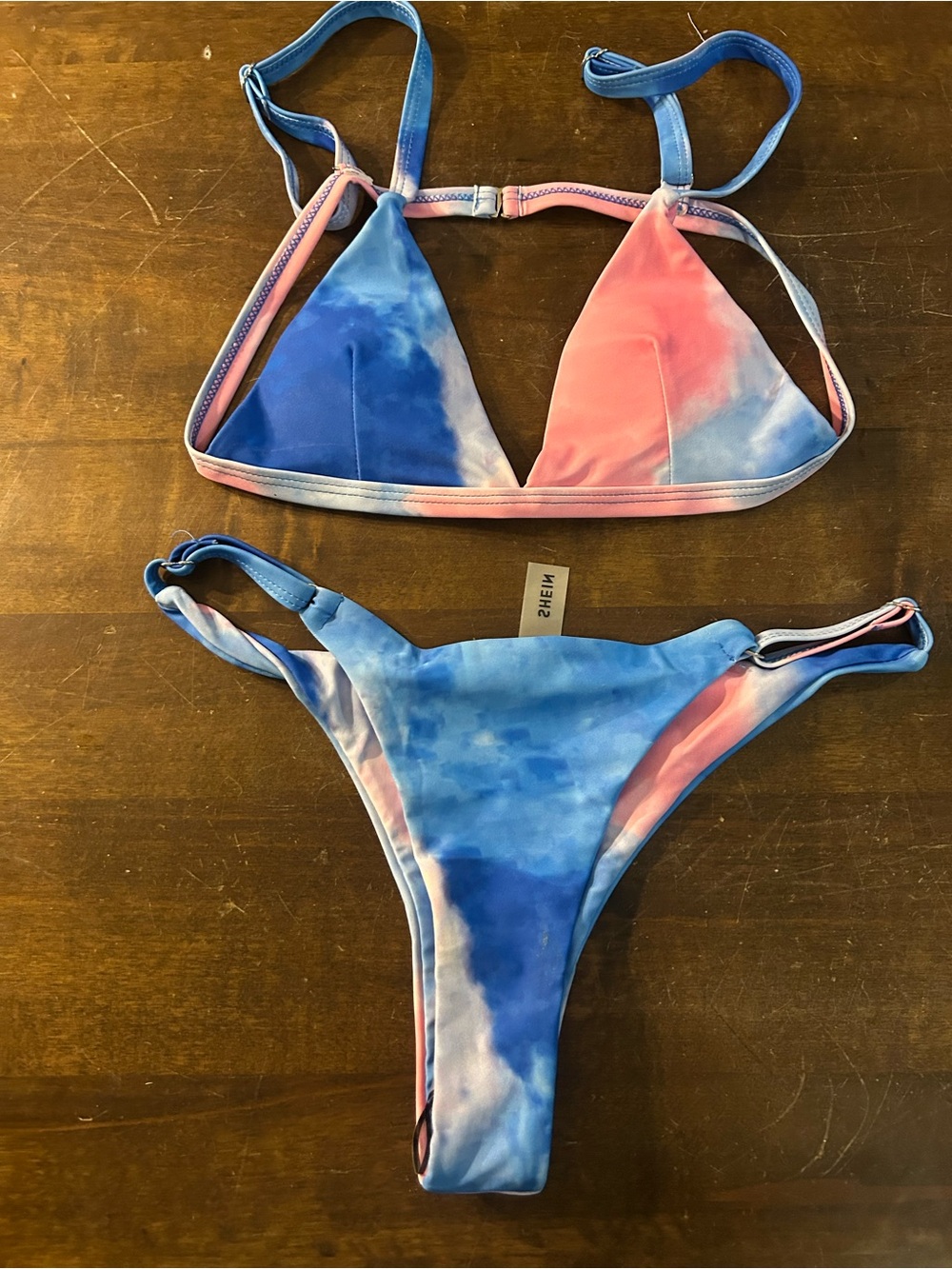 NWOT Sexy Skimpy Blue & Pink Tie Dye Triangle Top Rio Cut Bottom Bikini Outfit